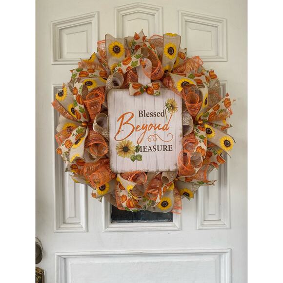 Blessed Beyond Measure Fall Wreath – 24” Sunflower & Pumpkin Thanksgiving Decor - Picture 1 of 7